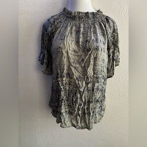 Zara Eoman Women’s Smocked Mock Neck Metallic Threads Blouse XS